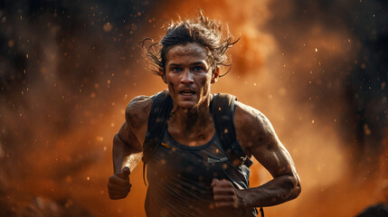 Fototapeta na wymiar Athlete running in volcanic heat