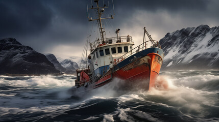 Fishing boat at sea. Barents Sea. Fishing. Fishing industry. Barge. - obrazy, fototapety, plakaty