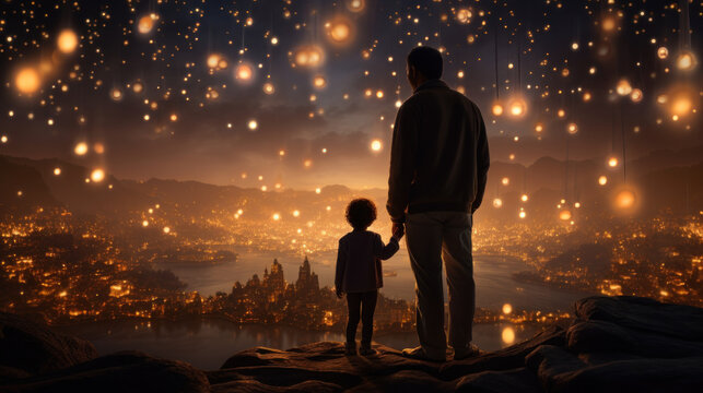 cute young boy looking at starts at night with her dad, fantasy wold