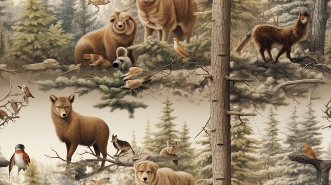  a painting of a forest scene with bears, birds, and other animals on a tree branch with pine trees in the background.  generative ai