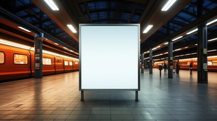 Blank poster in a metro station against the backdrop of a train in motion.
