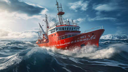 Fishing boat at sea. Barents Sea. Fishing. Fishing industry. Barge.