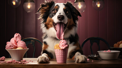 cute dog eating ice cream in the kitchen