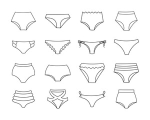 Set of different types of women's panties, swimming trunks. Line drawing, sketch, icons, vector