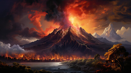 erupting volcano, huge smoke, flaming atmosphere 