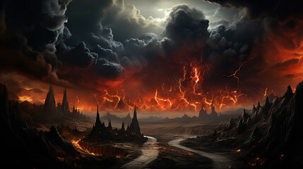 apocalypse hell illustration, burning clouds