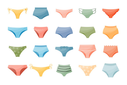 Set of different types of women's panties, swimming trunks. Illustration, icons, vector