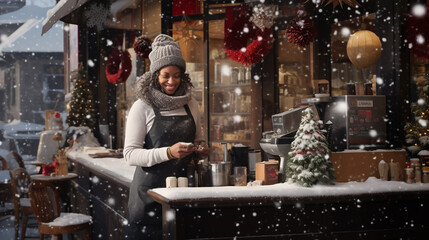 Barista greets visitors on a snowy day