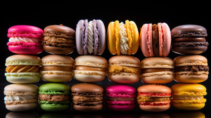 macaroons on wooden table,black isolated background