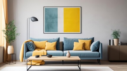 Blue sofa with yellow pillows and blanket against beige wall with frame poster Scandinavian home interior design of modern living
