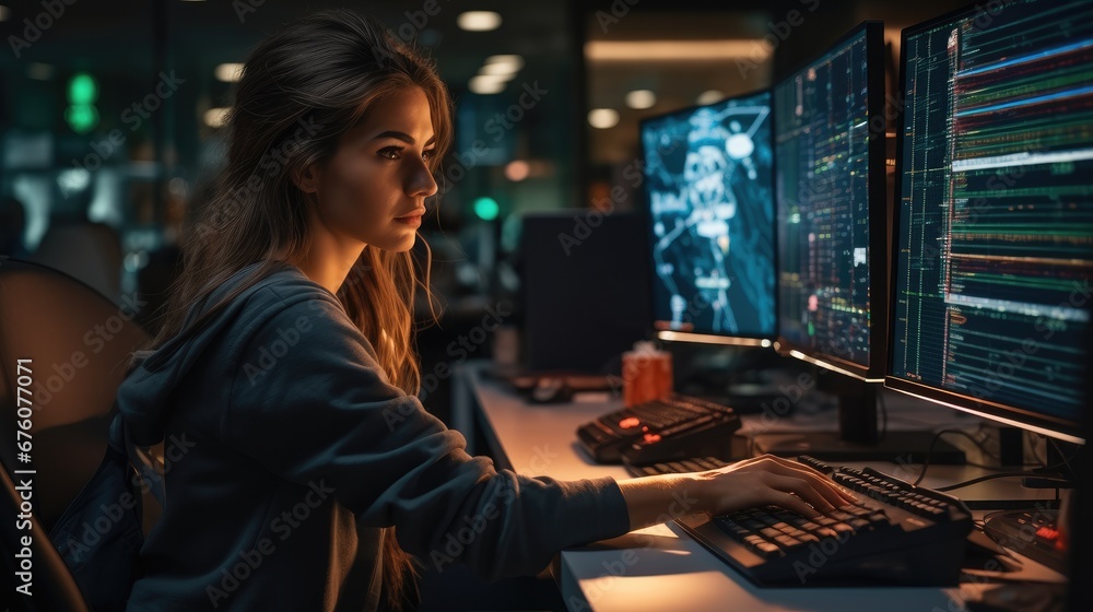 Canvas Prints Female Programmer Coding on Desktop Computer With Monitors Setup in modern Office, Woman Monitors Data Protection System For Cyber Security.