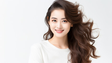 Portrait of a young asian happy woman smiling on white background.


