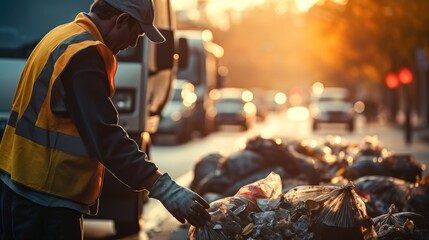 Close up hands of garbage Man working together in morning to picking plastic garbage to garbage truck. - obrazy, fototapety, plakaty