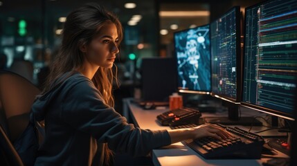 Female Programmer Coding on Desktop Computer With Monitors Setup in modern Office, Woman Monitors Data Protection System For Cyber Security. - obrazy, fototapety, plakaty