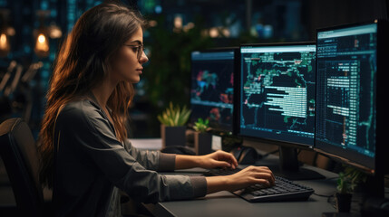 Female Programmer Coding on Desktop Computer With Monitors Setup in modern Office, Woman Monitors Data Protection System For Cyber Security.