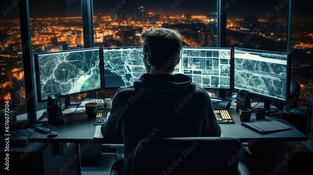 Poster Security guard with computer monitor in surveillance room at night.