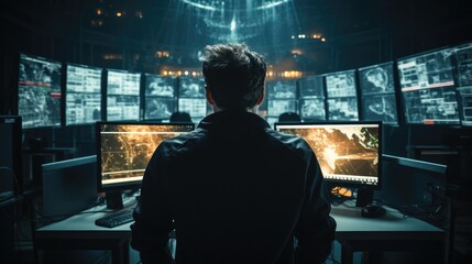 Security guard with computer monitor in surveillance room at night.