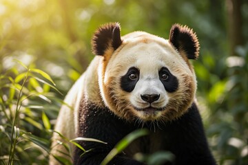 Portrait of a Giant Panda Bear in Bamboo Tree Forest. Panda Bear Smiling. Endangered Species. Panda...
