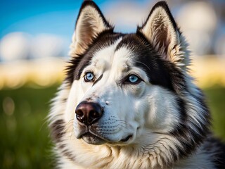 Obraz premium Portrait of a Siberian Husky Dog on an Autumn Field. Man's Best Friend. Portrait of the Dog on the Meadow. Family Dog. Working Sled Dog Breed.