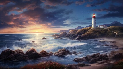  a painting of a lighthouse in the middle of a body of water with waves crashing on the shore and a sunset in the background.  generative ai - obrazy, fototapety, plakaty