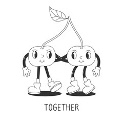Coloring Page with Funny Retro Groovy Cartoon Hippie Berries Characters. Comic Hugging Cherries. Groovy Summer Vector Illustration. 90s Sweet Juicy Fresh Fruits. Friendship concept