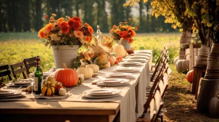 Autumn outdoor banquet table with flowers and pumpkins wide fall harvest season rustic fete party outside dining tablescape