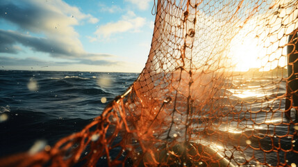 view of the Barents Sea through a fishing net. Fishing net on a ship. Fishing. - obrazy, fototapety, plakaty