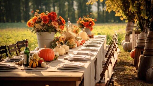 Autumn outdoor banquet table with flowers and pumpkins wide fall harvest season rustic fete party outside dining tablescape