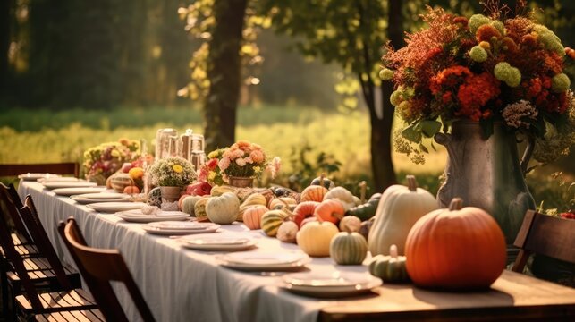 Autumn outdoor banquet table with flowers and pumpkins wide fall harvest season rustic fete party outside dining tablescape