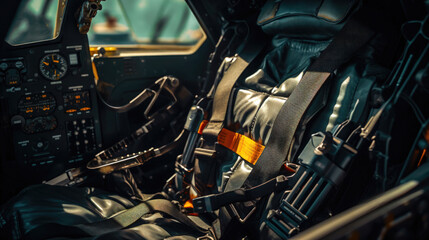 Close Up of a Fighter Jet Ejector Seat and Parachute Harness - obrazy, fototapety, plakaty