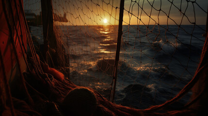 view of the Barents Sea through a fishing net. Fishing net on a ship. Fishing.