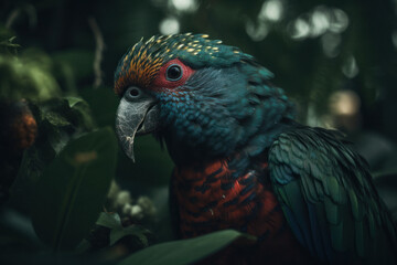 Colorful Fantasy Parrot with a beak with a Dark Background 