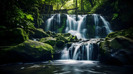 Fototapeta premium Enchanting Waterfall Cascading Through Lush Greenery, Captured with a Slow Shutter Speed to Emphasize the Flow, Enriched with Deep and Vivid Tones for an Alluring Aesthetic