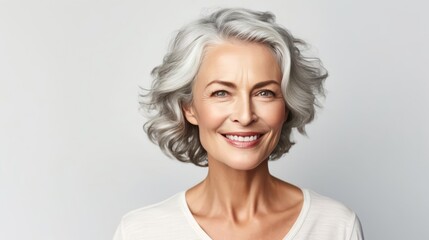 beautiful 50s mid aged mature woman isolated on white background skin care beauty skincare...