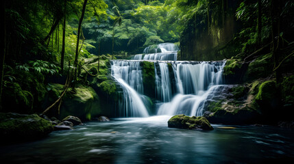 Fototapeta na wymiar Enchanting Waterfall Cascading Through Lush Greenery, Captured with a Slow Shutter Speed to Emphasize the Flow, Enriched with Deep and Vivid Tones for an Alluring Aesthetic