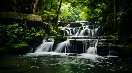 Enchanting Waterfall Cascading Through Lush Greenery, Captured with a Slow Shutter Speed to Emphasize the Flow, Enriched with Deep and Vivid Tones for an Alluring Aesthetic