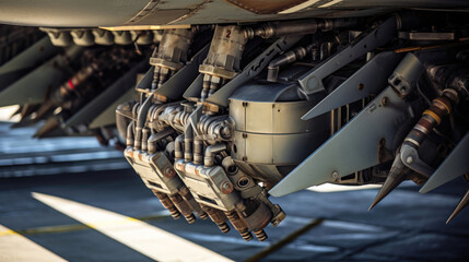 Close up of the hydraulic lines and actuators on a fighter jet, mechanics of flight and aircraft technology, aviation engineering and innovation