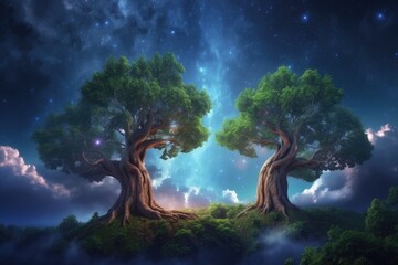 magical green trees in the night background photo