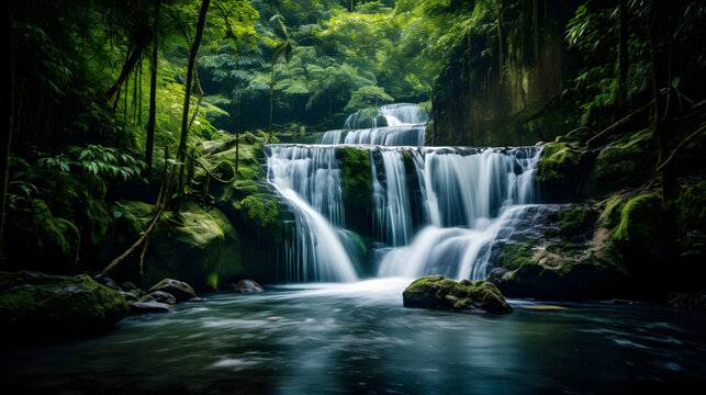Enchanting Waterfall Cascading Through Lush Greenery, Captured with a Slow Shutter Speed to Emphasize the Flow, Enriched with Deep and Vivid Tones for an Alluring Aesthetic
