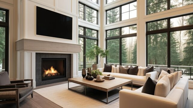 Fototapeta Beautiful living room interior with hardwood floors and fireplace in new luxury home Large bank of windows hints at exterior view 