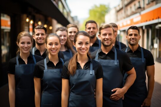 A big group of employees posing in front of their restaurant.