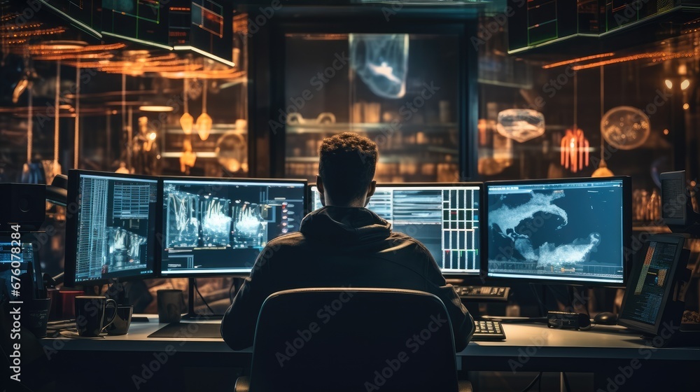 Aufkleber Trade concept, A forex trader who works on large screens, Financial charts and graphs on computer monitor.