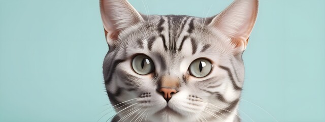 American shorthair cat on a pastel background. Cat a solid uniform background, for your advertising and design with copy space. Creative animal concept. Looking towards camera.
