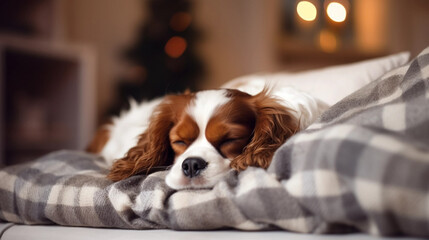 copy space, stockphoto, copy space, stockphoto, cute cavalier king charles sleeping on the sofa in a exquisit cozy christmas decorated living room.  Christmas decoration. Background for greeting card,