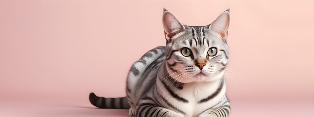 American shorthair cat on a pastel background. Cat a solid uniform background, for your advertising and design with copy space. Creative animal concept. Looking towards camera.