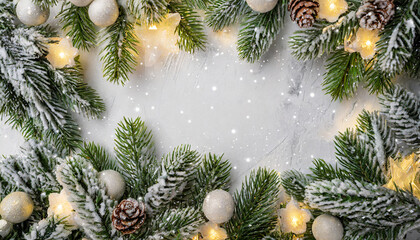 Fototapeta na wymiar close up christmas snowy fir tree branches and christmas tree light christmas and winter frame or border concept copy space