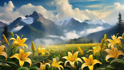 blooming yellow lilies in a field with clouds lillies in mountains behind mountains under clouds wallpaper background illustration ai generative