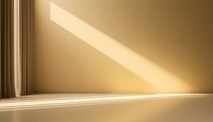 minimalistic abstract light beige golden background for product presentation incident light from the window on the wall and floor