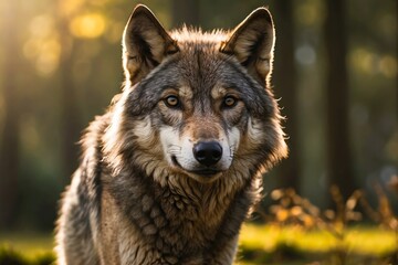 Portrait of the Timber Wolf. Gray Wolf in the Wilderness in the Deep Autumn. Canis lupus. Lone Wolf in Deep Forest