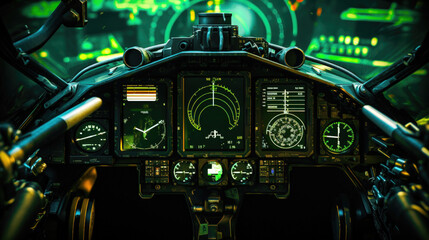 Futuristic fighter jet cockpit with cyberpunk style, realistic close up of the control panel and radar screen, high tech aviation innovation